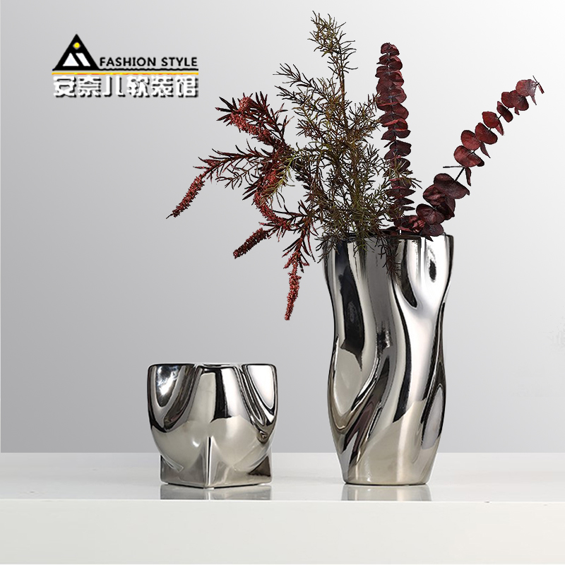 异形电镀银色陶瓷花瓶现代轻奢客厅玄关餐桌家居软装饰品创意摆件