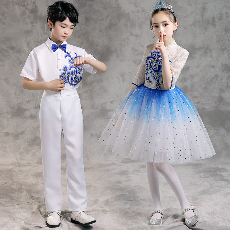 六一儿童节演出服装中小学生中国风青花瓷大合唱团服装男女童礼服