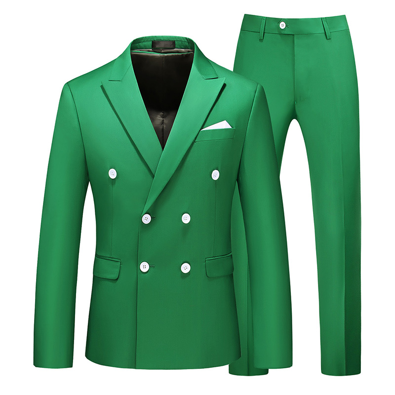 春季男士西服两件套双排扣鲜绿色休闲上衣西装裤大码工装潮男裤子