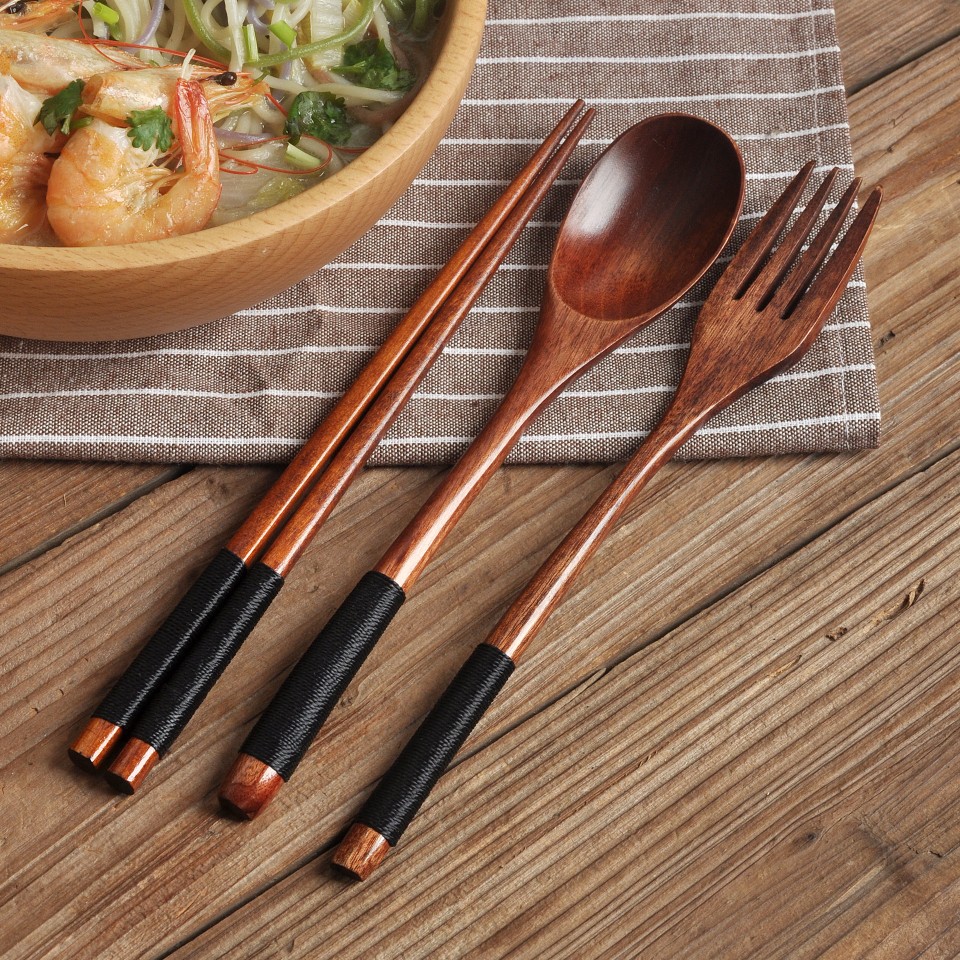 包邮日式木质筷子勺子套装单人装学生儿童便携餐具勺叉筷三件套