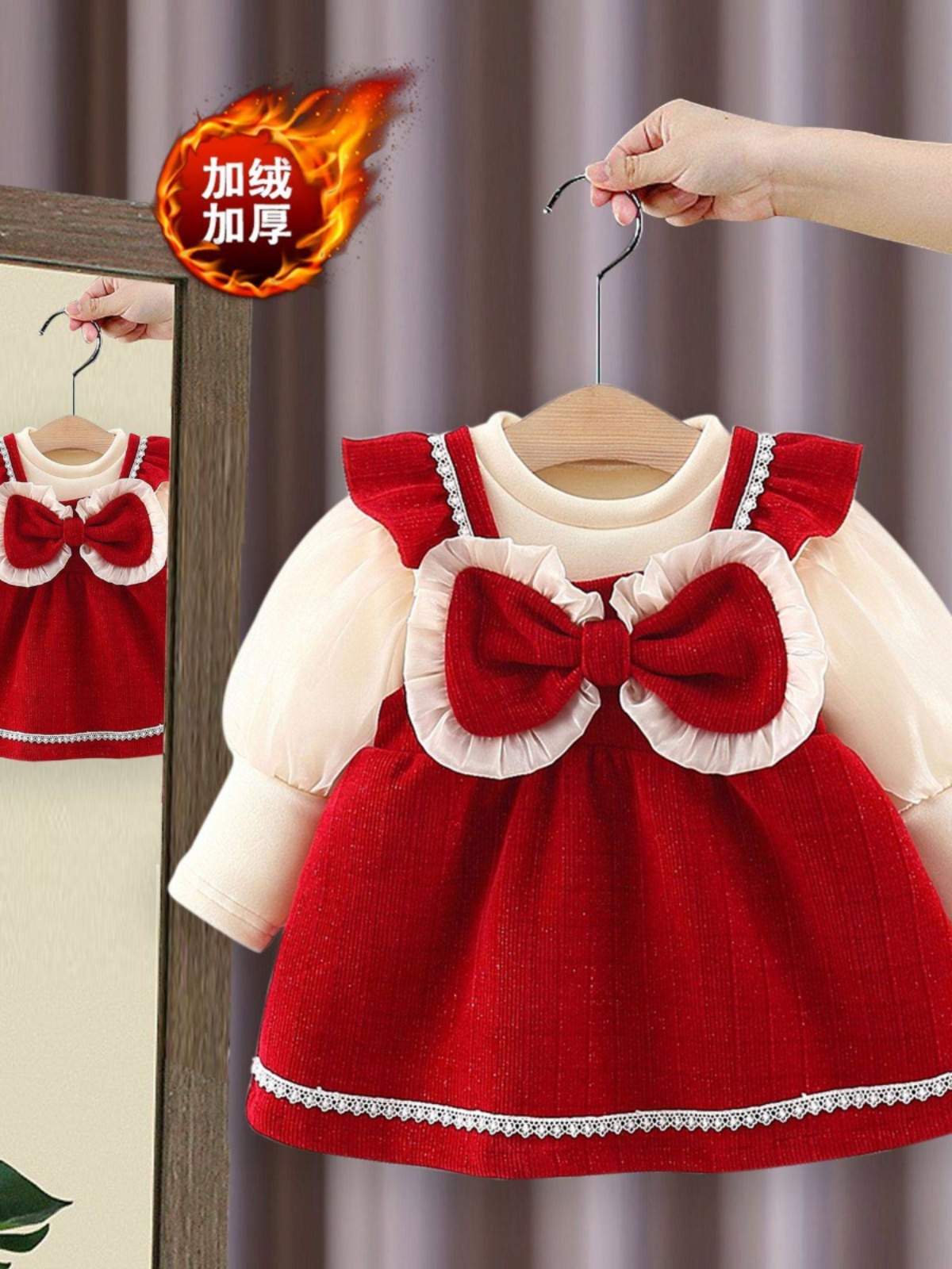 韩国周岁女宝宝礼服女童红色连衣裙一周岁婴儿抓周宴公主裙春秋款