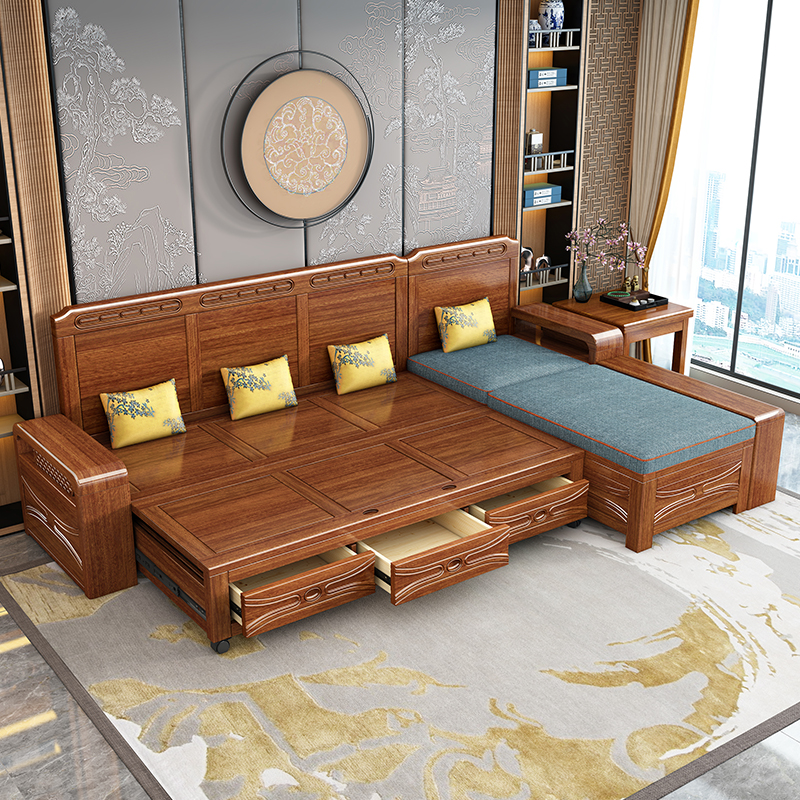 金丝胡桃实木沙发床两用客厅小户型伸缩抽拉中式实木沙发储物家具