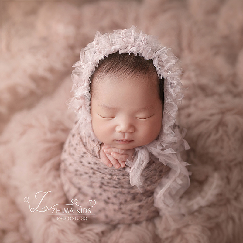 萌点新生儿摄影裹布网纱帽子组合道具 婴儿月子拍照 女宝宝碎花帽