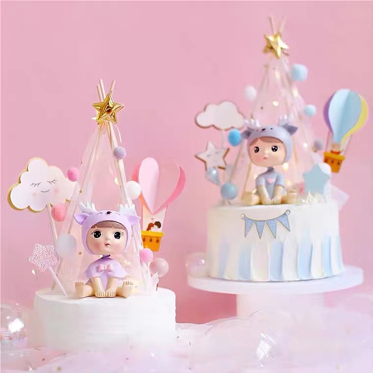 一路相伴鹿角宝宝蛋糕摆件摇头小鹿男孩女孩生日烘焙装饰用品插件