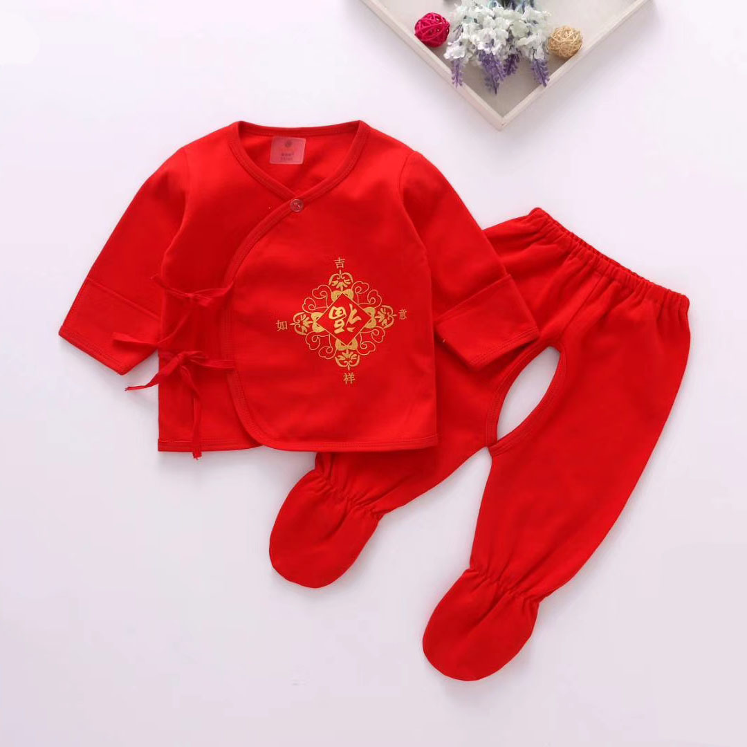 新生儿红色衣服初生宝宝满月服男女婴儿大红色包脚套装百天和尚服