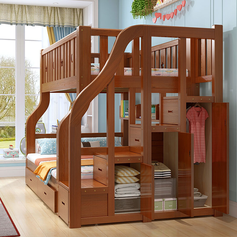 全实木上下铺木床两层儿童床衣柜高低床上下床双层床多功能子母床