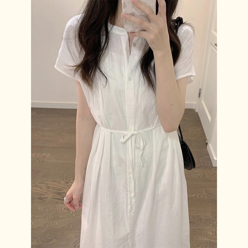 高级感白色衬衫连衣裙女夏季新款小个子法式收腰显瘦温柔气质长裙