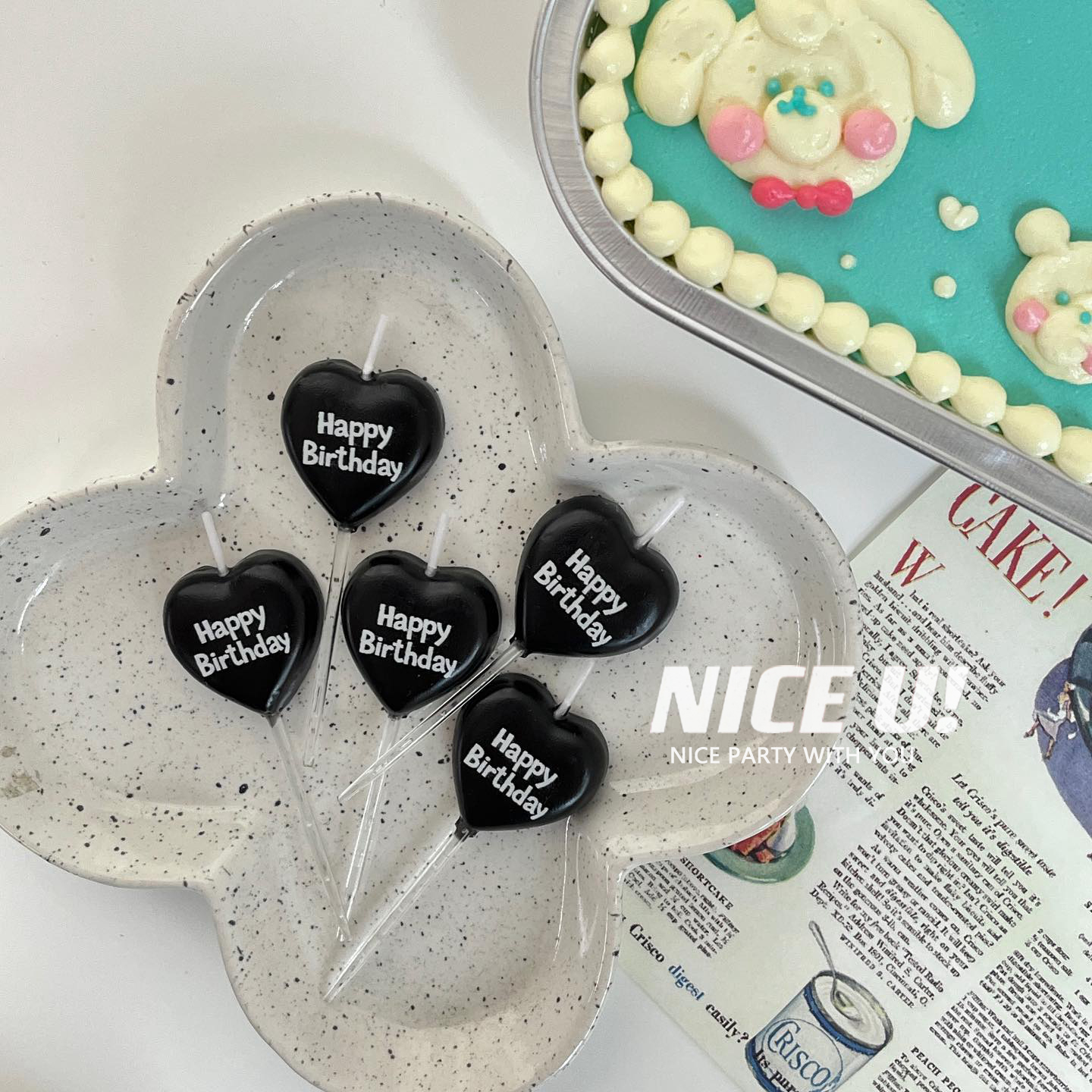 NICE U! 韩国ins酷黑色爱心蜡烛生日快乐字母HBD生日蜡烛蛋糕装饰