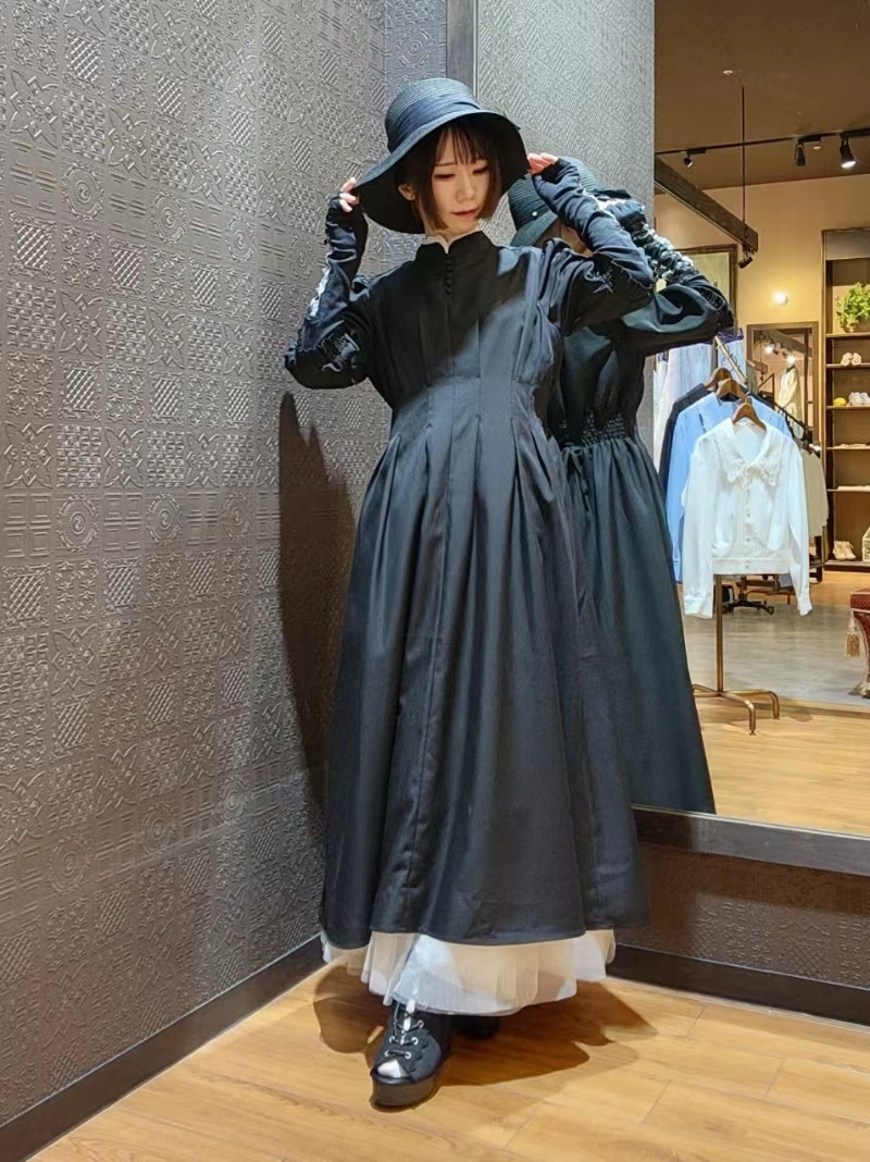 BC2-1日本原单新品axe*女士简约甜美新中式长袖长款修身连衣裙