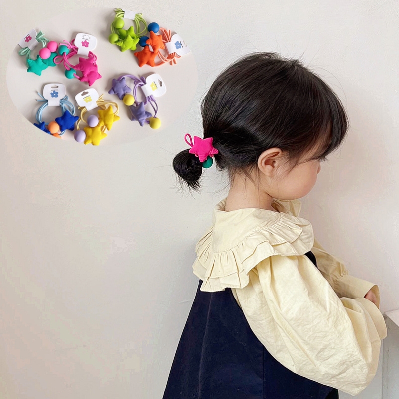 新款韩版春季荧光五星拼色彩球儿童少女系皮筋对装发圈发绳头饰