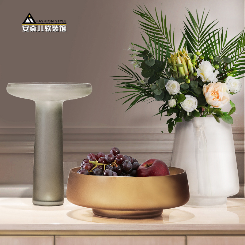 新品现代中式灰色系磨砂玻璃花瓶客厅样板间个性插花器果盘陈设品
