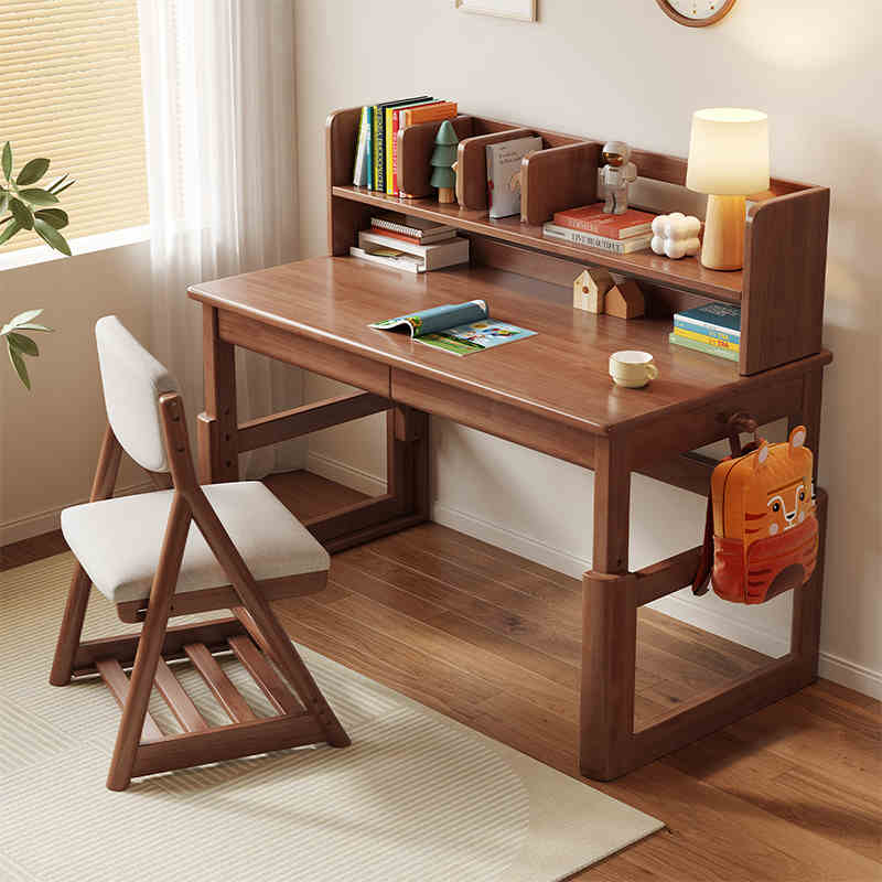 儿童学习桌实木可升降书桌书架一体组合家用卧室小学生课桌椅套装