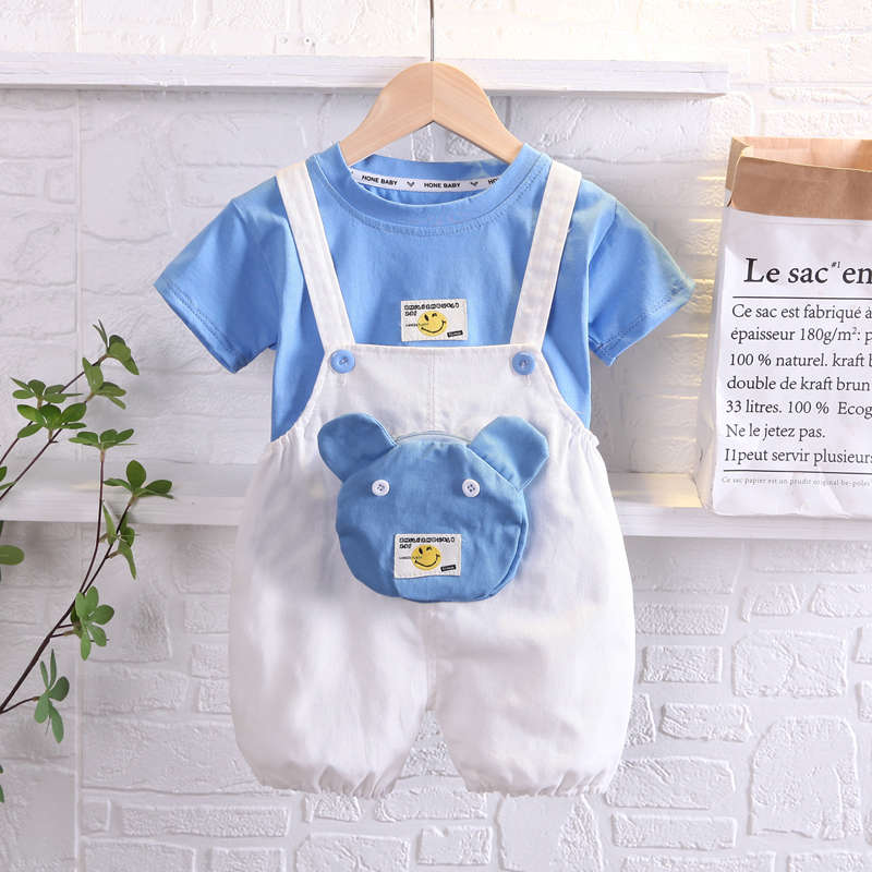 婴儿衣服帅短袖背带裤分体两件套7八9十个月潮1-4周岁男宝宝夏装