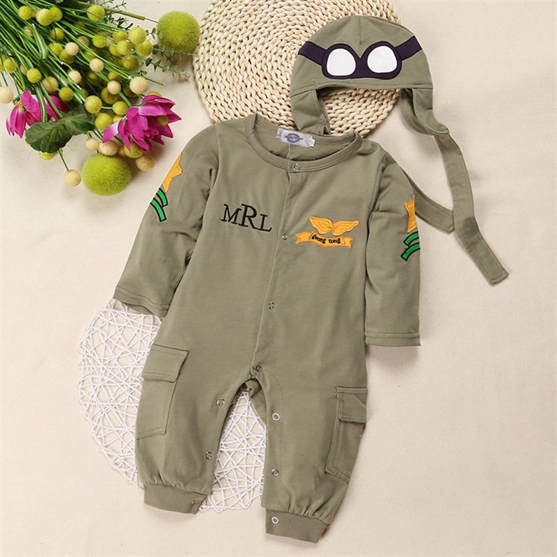 男童航飞员长h袖连体衣带帽子军绿色婴儿飞行员哈衣童装