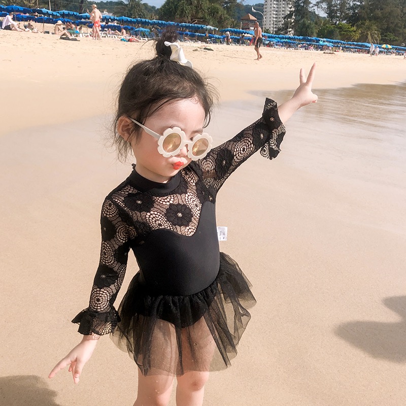 女童泳衣童装新款夏公主连体黑色蕾丝儿童泳衣女孩宝宝长袖游泳衣