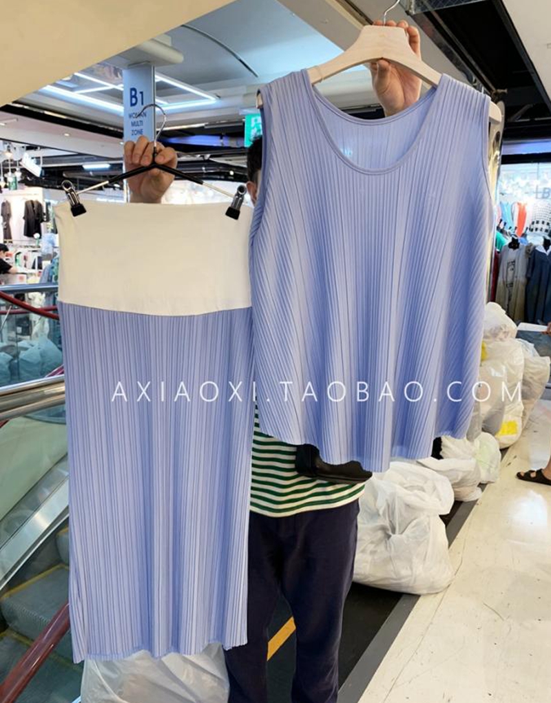 孕妇夏装套装韩国代购2023新款冰丝清凉百褶背心半身裙夏季两件套