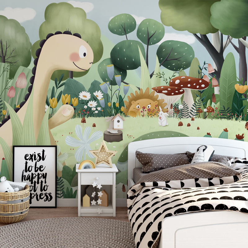 墙纸儿童房主题背景墙恐龙卡通墙布男孩墙面装饰绿色童话森林壁纸