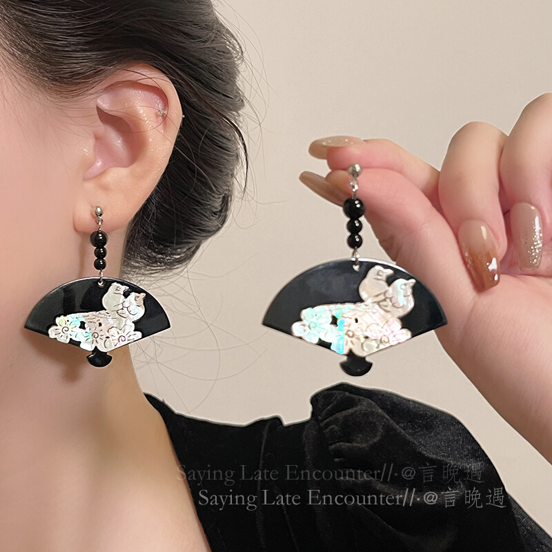「兰亭序」国潮雕刻工艺黑白耳钉女新中式古典独特设计耳环耳饰品