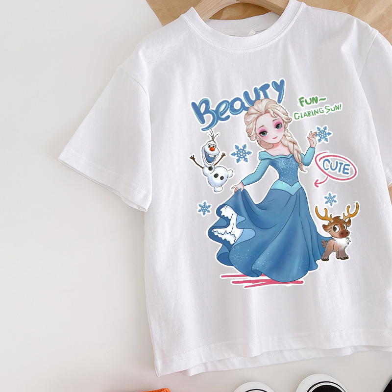 艾莎公主短袖女孩短袖纯棉宝宝上衣2022新款圆领T恤女童打底衫