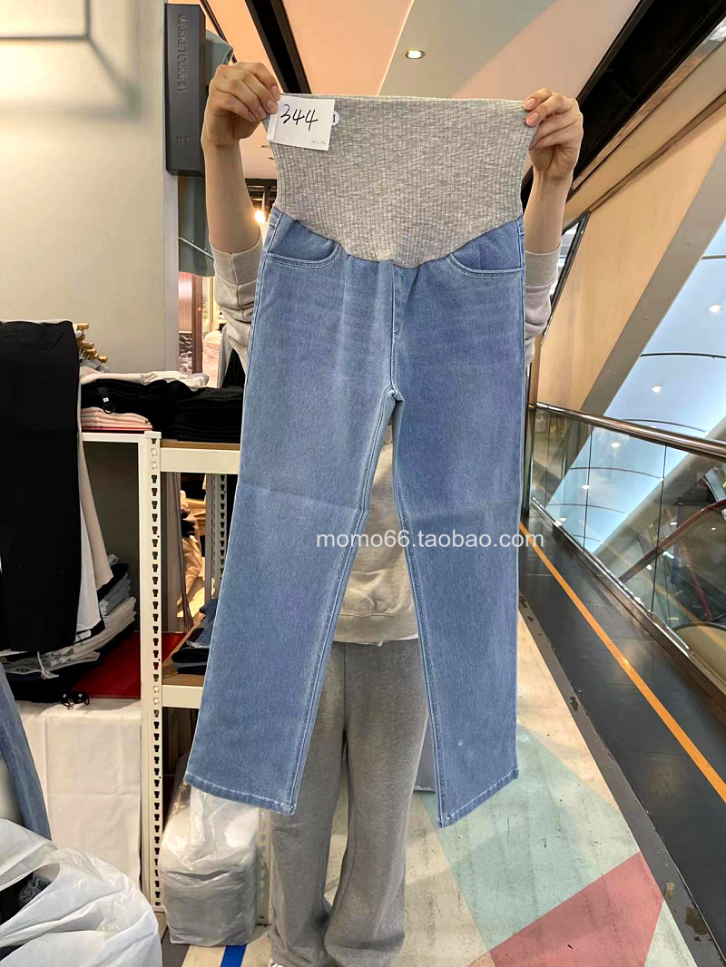 韩国代购孕妇装2022春夏薄款时尚宽松高腰托腹浅蓝色直筒牛仔裤