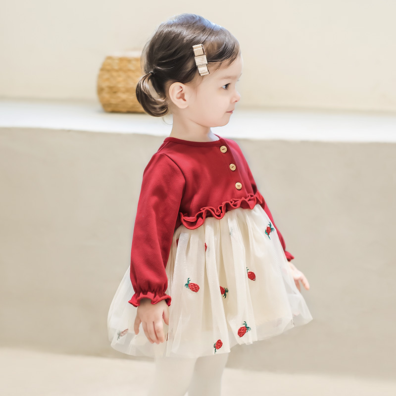 女宝宝公主裙春秋儿童连衣裙纱裙加绒婴儿1周岁生日礼服抓周红色