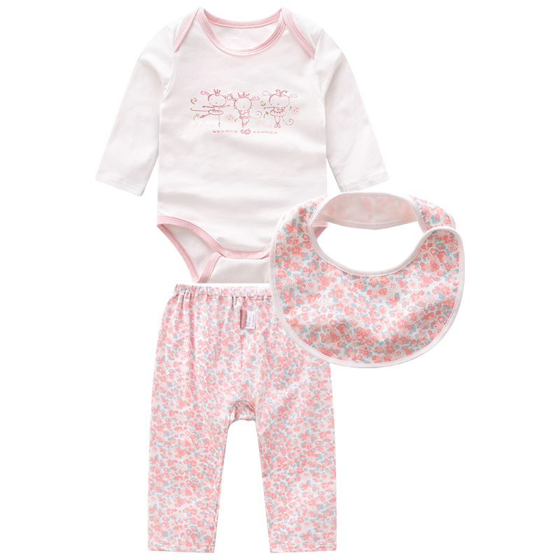 拉比正品女童夏季薄长袖三角连体衣婴儿宝宝口水巾+裤+爬服三件装