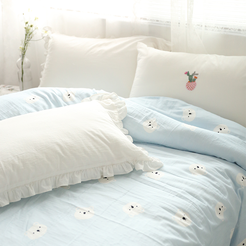 网红日式卡通动物蓝色底小白熊单件被套 双层纱纯棉透气被罩床上