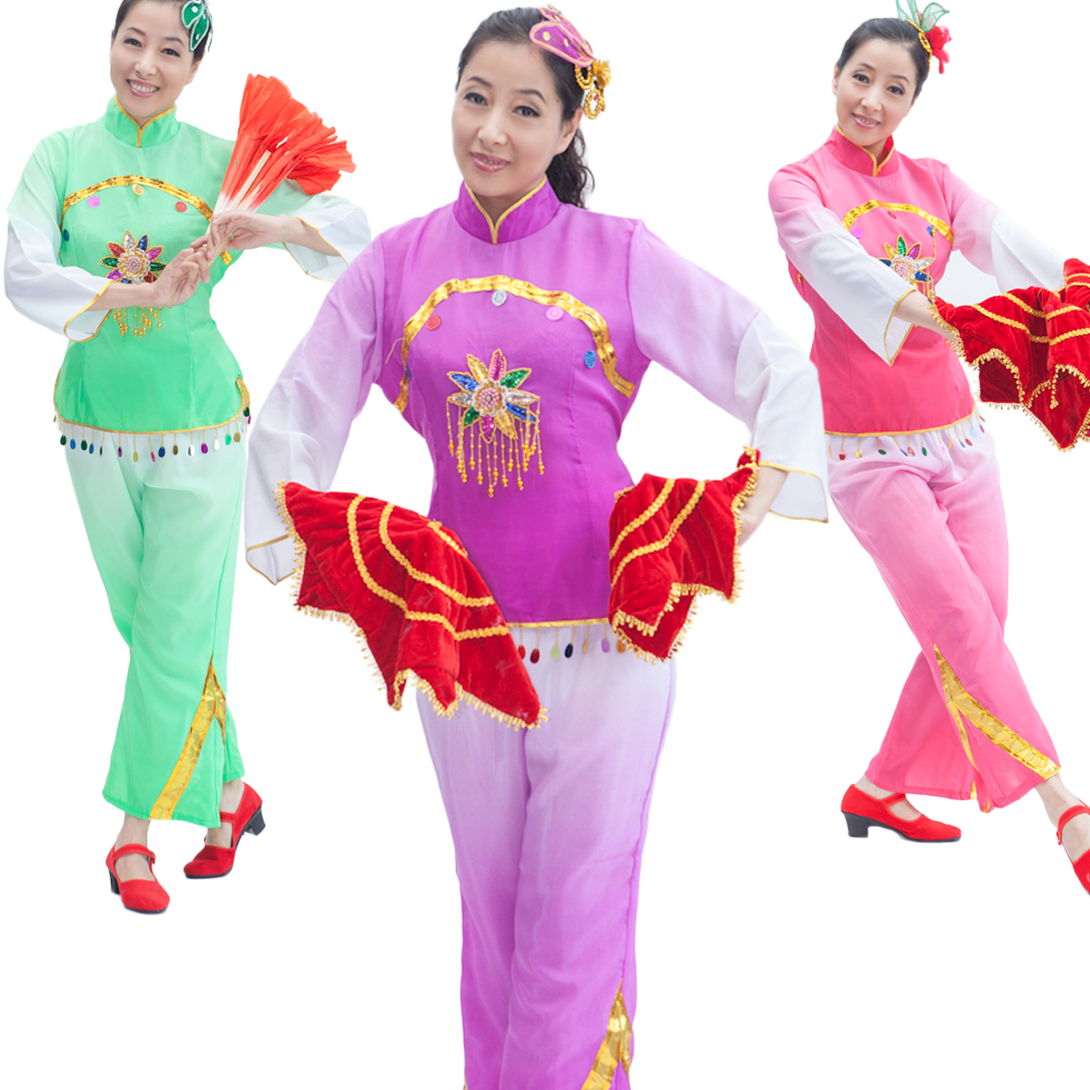 中老年秧歌服民族舞蹈服装演出服女扇子舞服新款吊珠过渡色舞台装