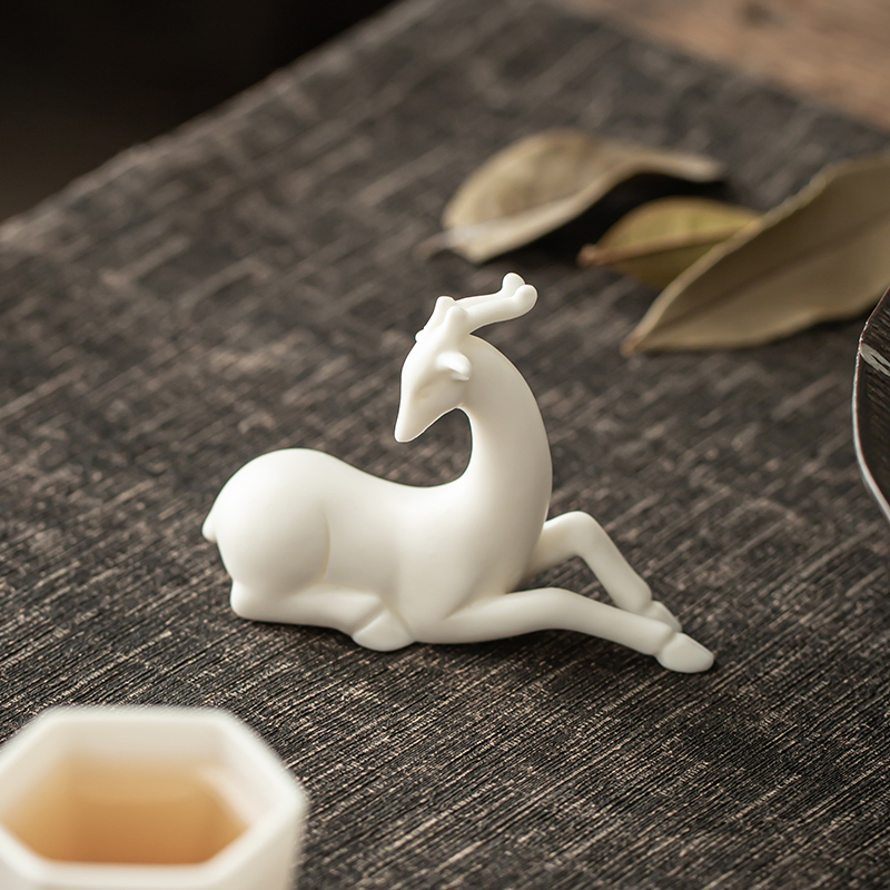 迷你白瓷小鹿摆件精品陶瓷茶桌装饰品茶道配件创意茶宠花盆栽造景
