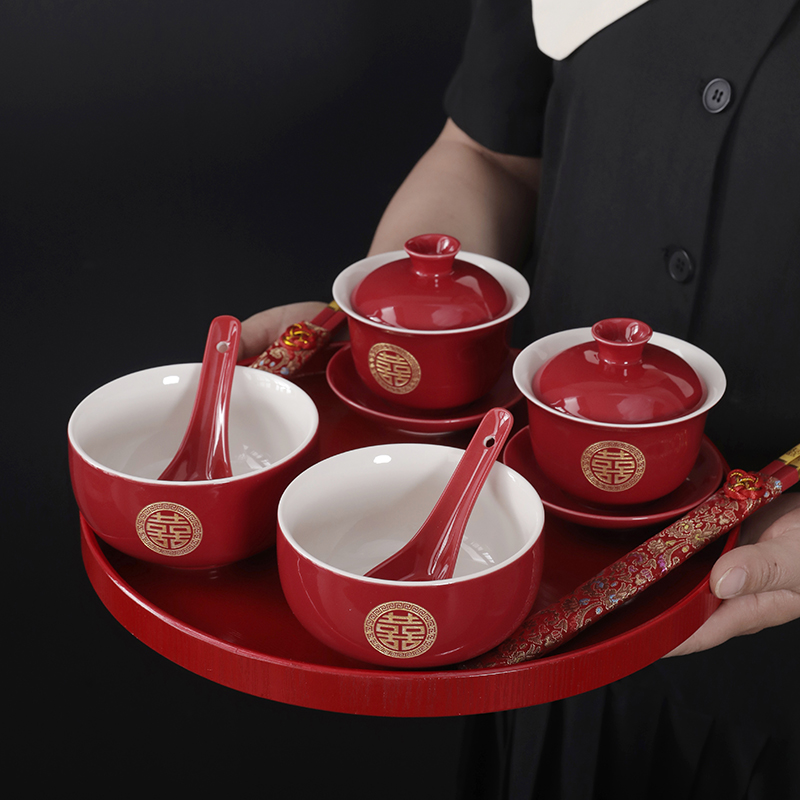 陪嫁敬茶杯结婚喜碗套装敬酒茶杯改口对碗红碗一对碗筷红色婚礼