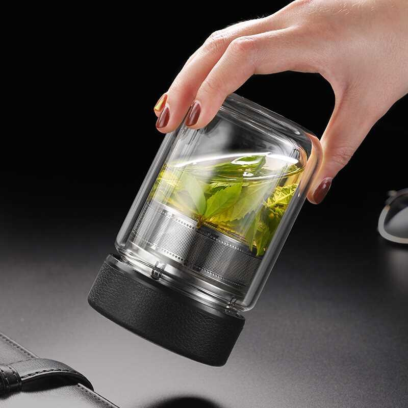 茶双层玻璃杯便携皮纹盖透明水杯矮胖茶杯个性创意防烫手泡茶杯茗