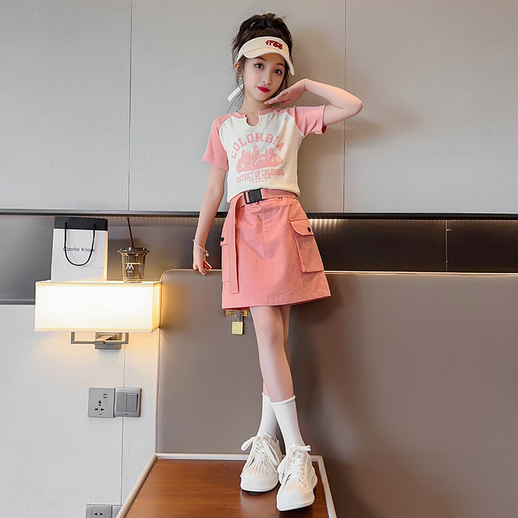 女童套装裙纯棉洋气夏装短袖时髦半身裙2024新款韩版中大童连衣裙