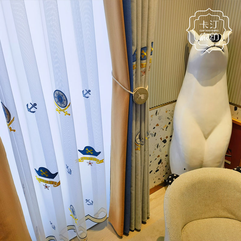 简约现代儿童房蓝色卡通轮船海洋遮光窗帘卧室飘窗落地窗定制