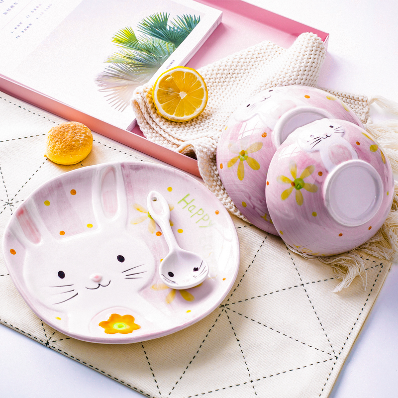 套装餐具陶瓷碗可爱兔子碗家用儿童吃饭碗创意个性专用碗盘勺子