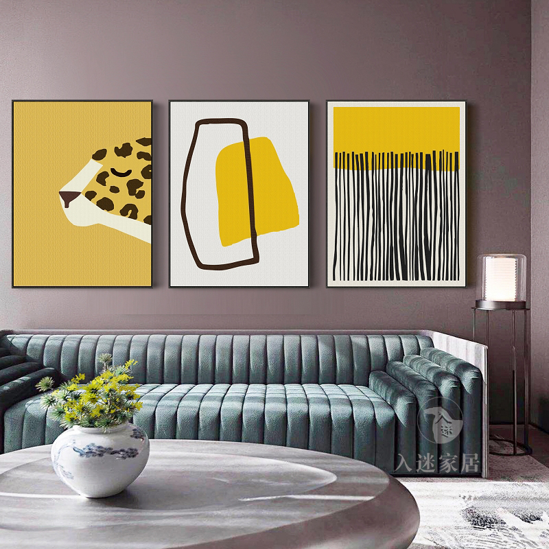 推荐客厅抽象画现代简约极儿童卧室黄色块线条艺术个性组合挂画