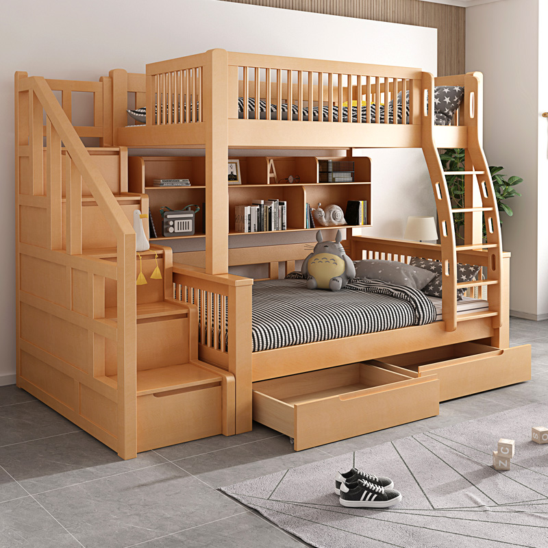 全实木儿童高低床榉木上下床子母床双层床滑梯高箱款多功能上下铺