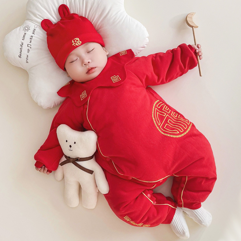 婴儿冬季连体衣宝宝新年服拜年服大红色满月周岁新生儿护肚蝴蝶衣