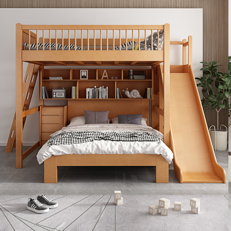 儿童上下床实木子母床小户型双层床带衣柜滑梯高低床上下铺组合床