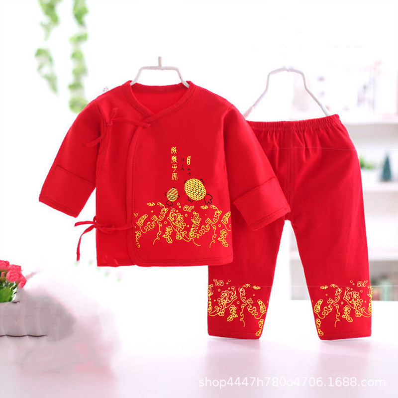 新生婴儿的满月衣服分体三个月女宝宝夏季男孩红色纯棉套装薄款春