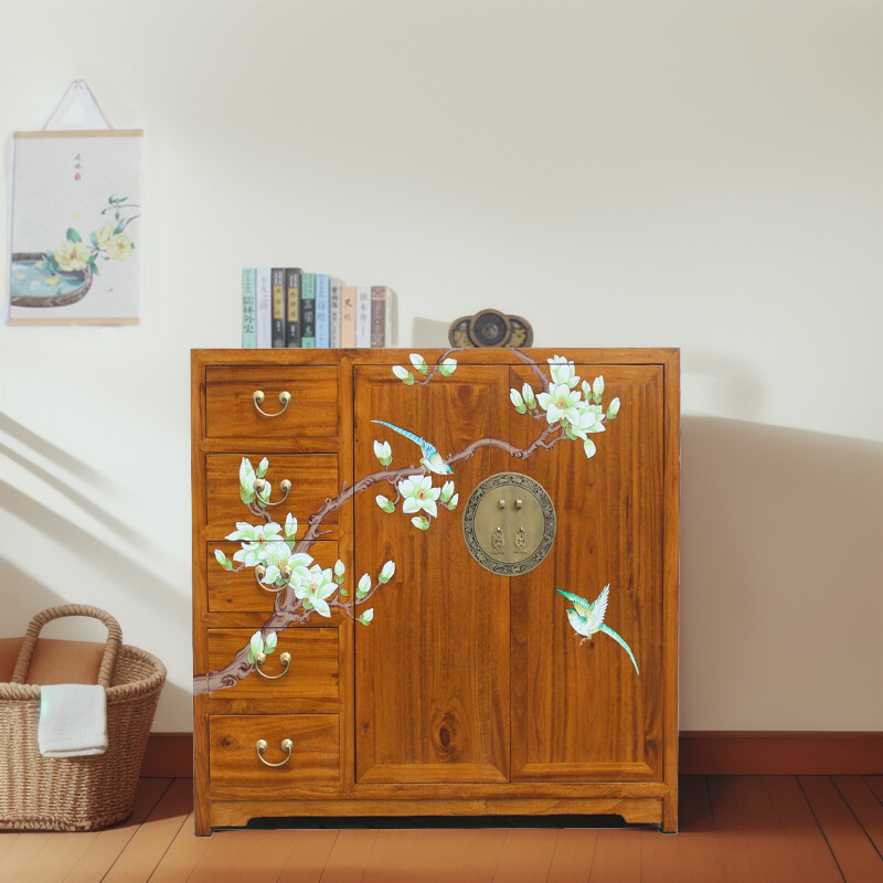 新中式香樟木小衣柜田园彩绘两门储物矮橱柜儿童卧室实木家具整体