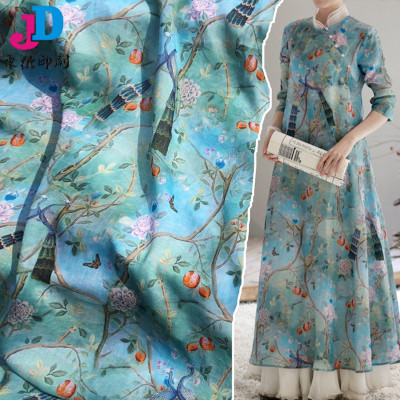 蓝色中国风纯天丝苎麻数码印花女装连衣裙夏季薄款布料面料袍子