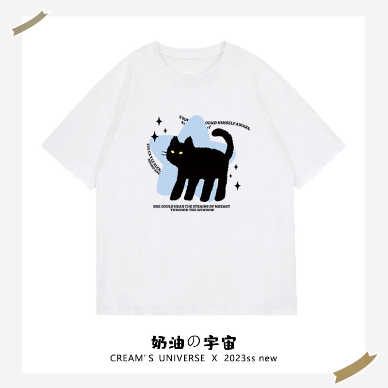 奶油的宇宙 卡通黑色猫咪短袖T恤女日系风小个子百搭半袖夏季新款