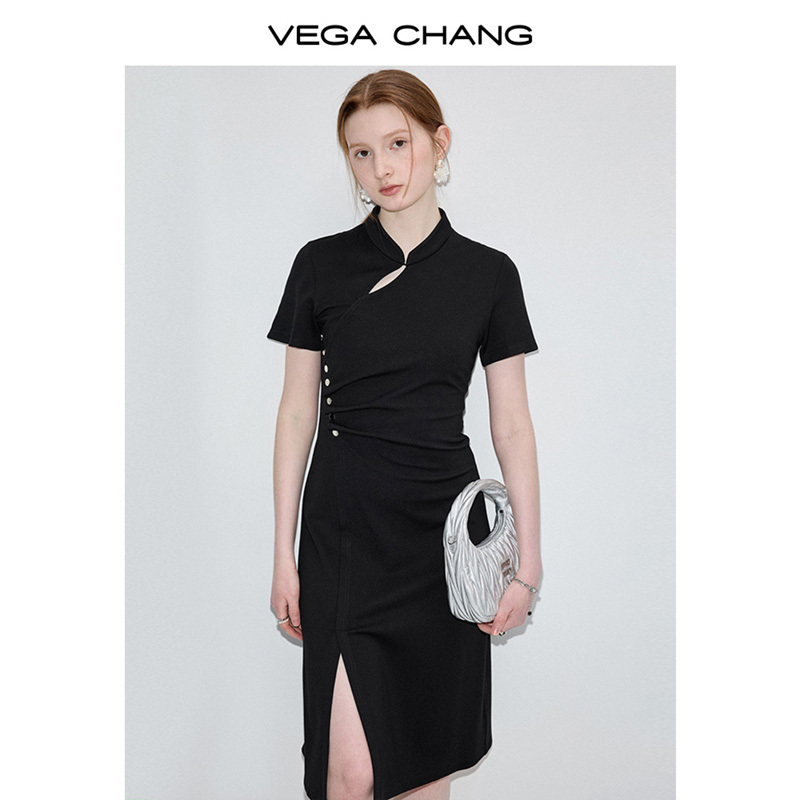 VEGA CHANG黑色连衣裙女2024年夏季新款设计感侧开叉新中式旗袍裙