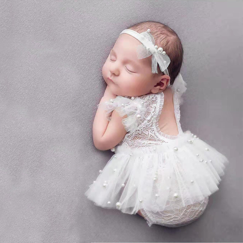 新生儿摄影服装宝宝珍珠头饰连体衣礼服裙影楼道具公主婴儿月子照