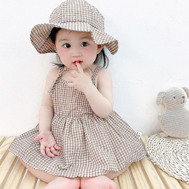 韩版童装夏季女宝宝吊带哈衣裙格子婴儿连体衣送帽婴童外出背心裙