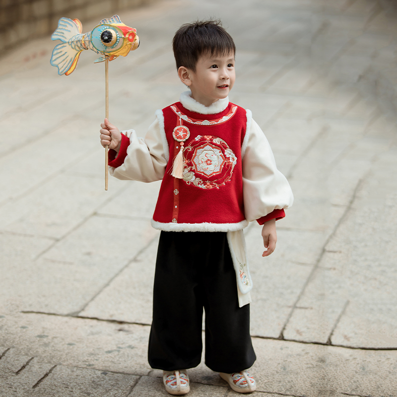 男童汉服冬季加绒加厚拜年服套装儿童中国风唐装男宝宝龙年过年服
