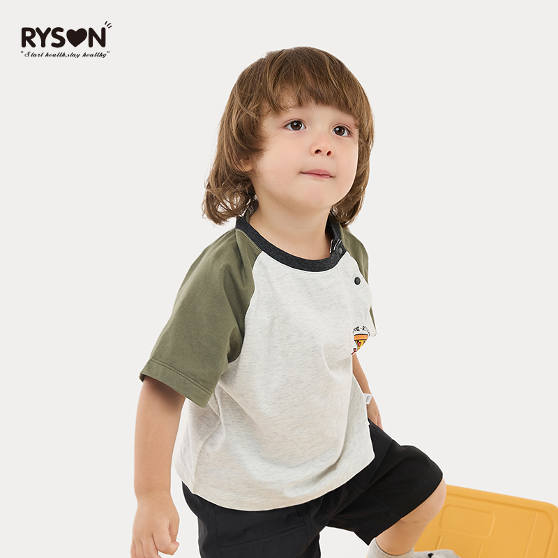 RYSON潮童装23夏季新款上衣军绿色插肩五分袖宽松披萨纯棉短袖T恤