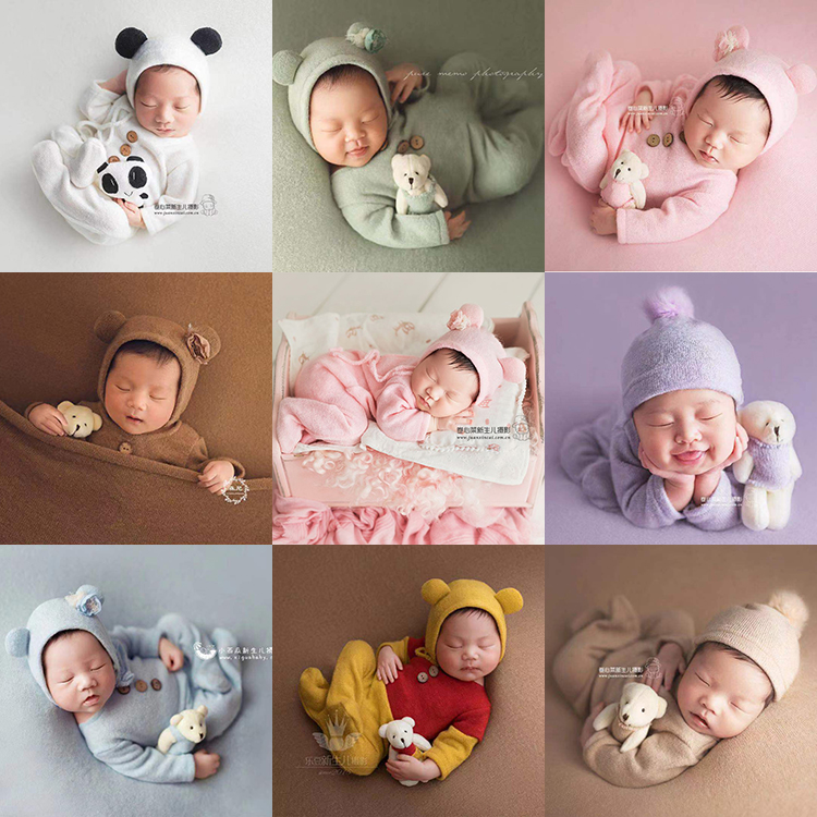 新生儿满月可爱呆萌婴儿摄影拍摄连身配帽子小玩偶组合道具套装
