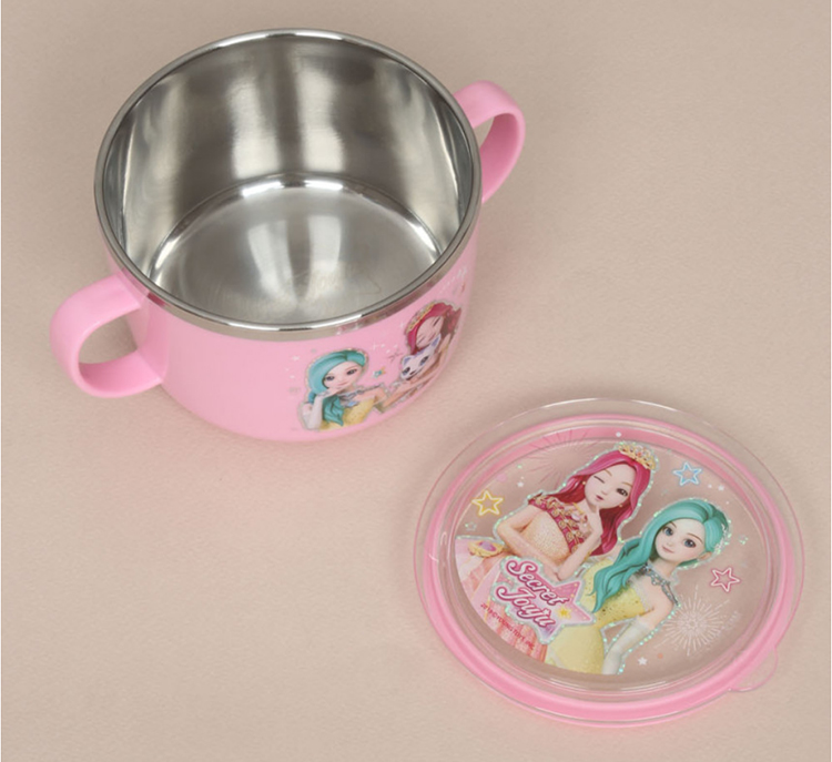 韩国进口 萩萩公主 儿童带盖不锈钢饭碗汤碗面碗带盖水杯宝宝餐具