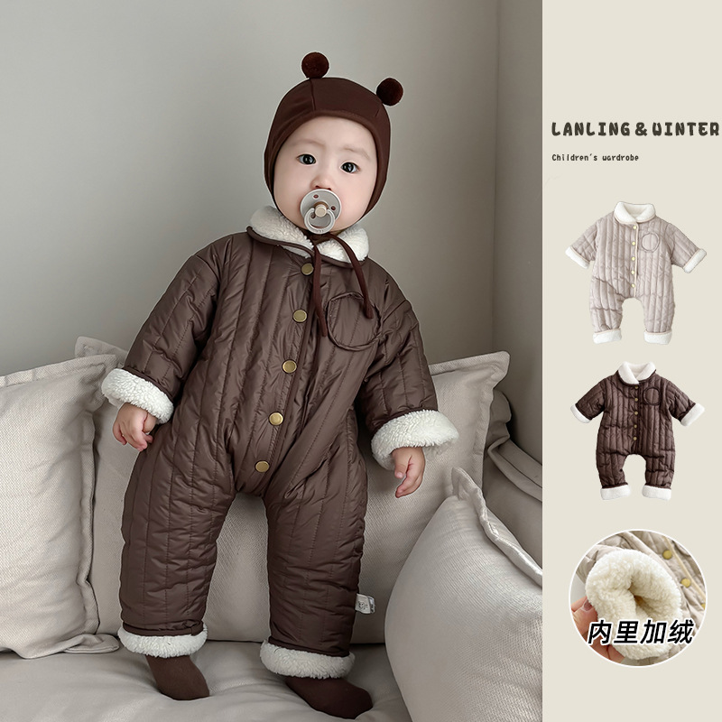 韩版婴儿连体衣冬季男女宝宝加厚棉衣爬服外出抱衣新生儿加绒哈衣